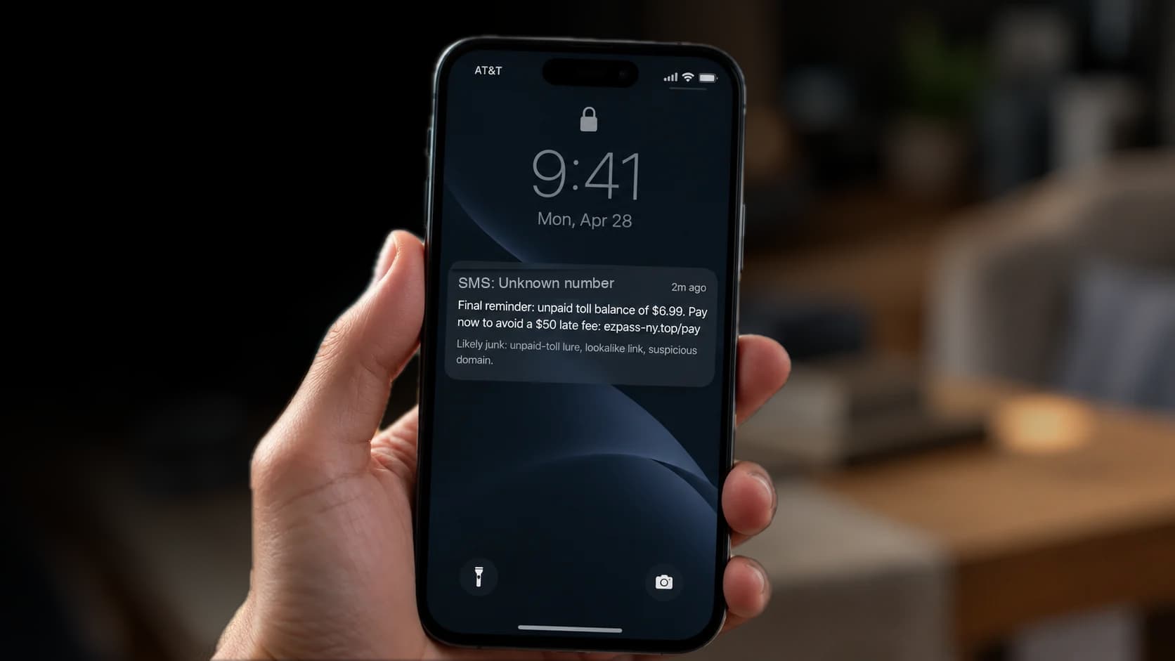 A hand holding a phone. TextMeNot has screened a fake unpaid-toll text and shows why.