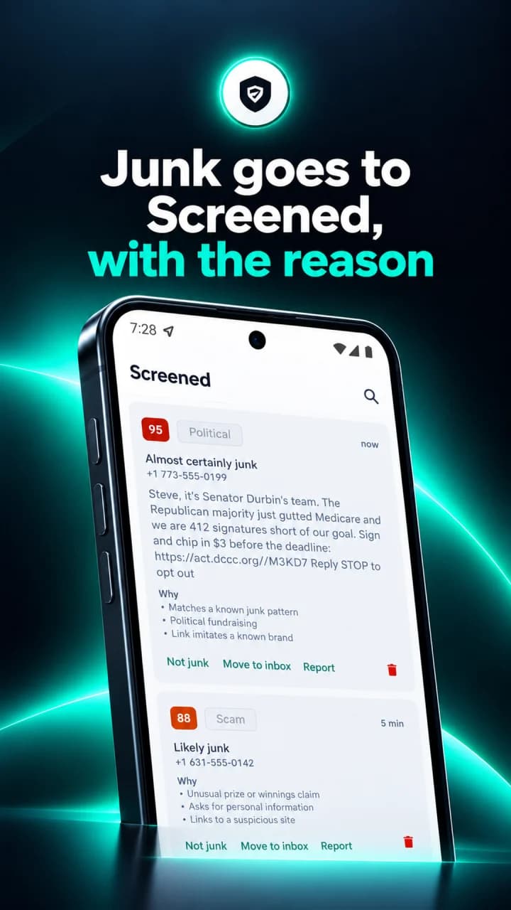 The Screened tab: a political fundraising text scored 95 and a prize scam scored 88, each with the reasons listed. Caption: Junk goes to Screened, with the reason.