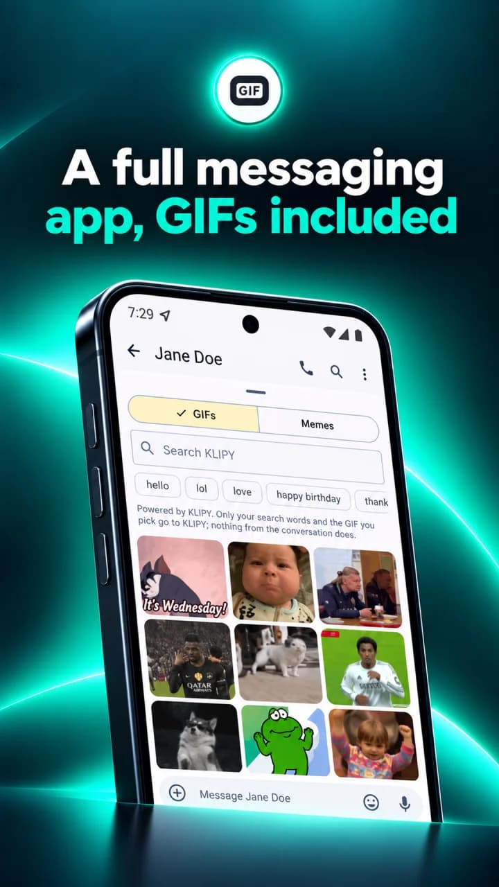 A conversation with the GIF picker open, showing a grid of GIFs. Caption: A full messaging app, GIFs included.